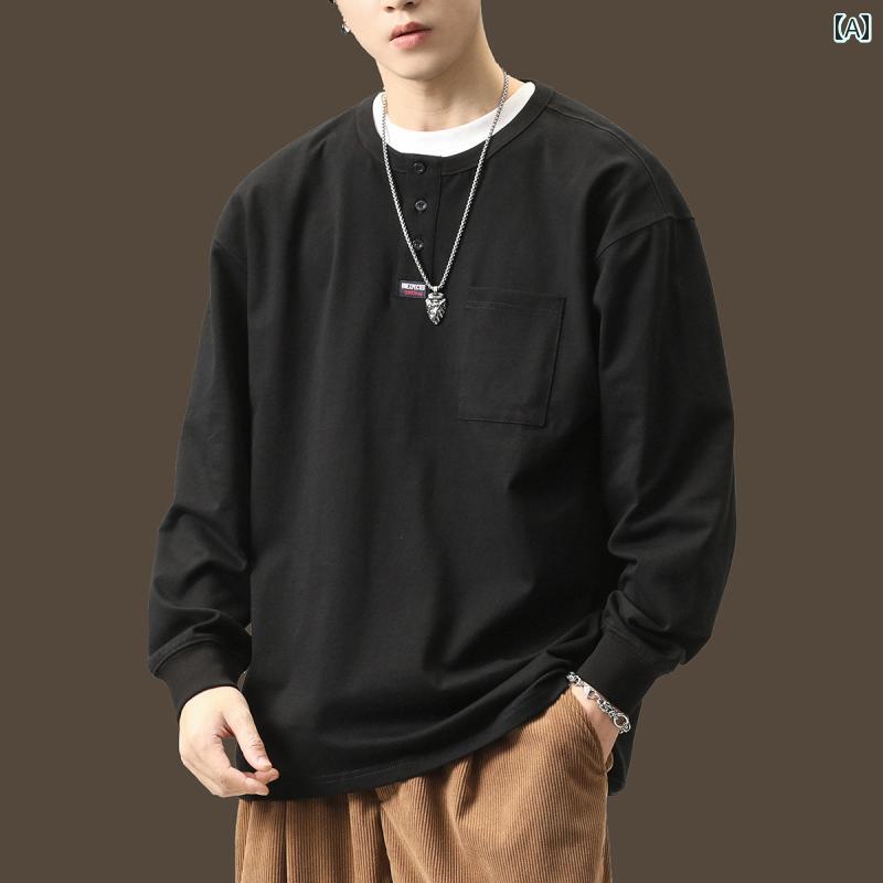 ポロシャツ 春秋 メンズ レトロ ファッション 綿 Tシャツ カジュアル 黒 レイヤリングシャツ ドロップ..