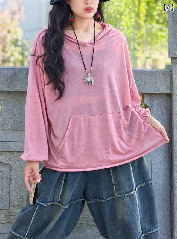 レディース トップス シャツ エスニック ボヘミアン ソリッドカラー 薄手 フード 日焼け防止 春夏 大きめサイズ カジュアル 長袖 プルオーバー ポケット レディース