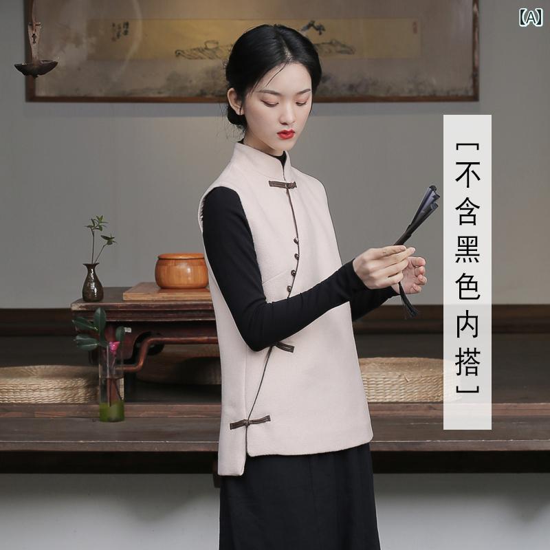 唐装 レディース チャイナ風 春秋 ベスト ティースーツ トップス エスニック 瞑想 ノースリーブ 着物風ベスト