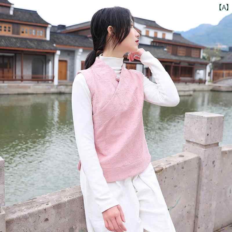 レディース エスニック トップス 漢服 唐装 ベスト 春秋 チャイナ風 茶 エレガント レトロ 茶師服 ピンク コットン