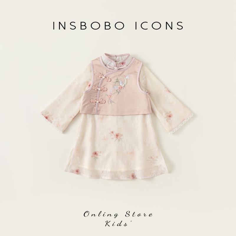 キッズファッション ドレス セットアップ セット ショート スカート ベスト 長袖 かわいい プリンセス チャイナ風 韓服 衣料品 子供 春