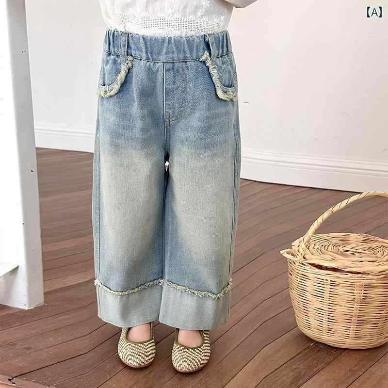 女の子 ジーンズ 春 韓国 レディース 子供服 ワイドレッグ パンツ おしゃれ さわやか シンプル カジュアル