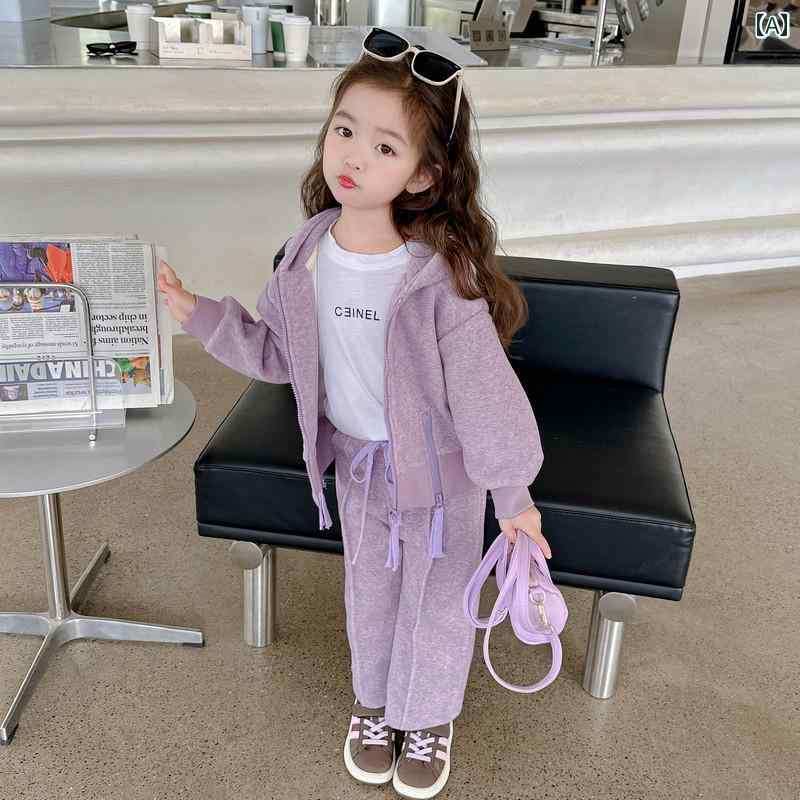 女の子 2点セット 春秋 子供 フード スウェット パンツ カジュアル スポーツ シンプル レジャー パープ..