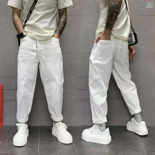 春夏 レトロ ホワイト ジーンズ メンズ 紐 ゴム ウエスト メンズ ストレート パンツ シンプル カジュアル さわやか 春夏 レトロ ホワイト ジーンズ メンズ 紐 ゴム ウエスト メンズ ストレート パンツ シンプル カジュアル さわやか