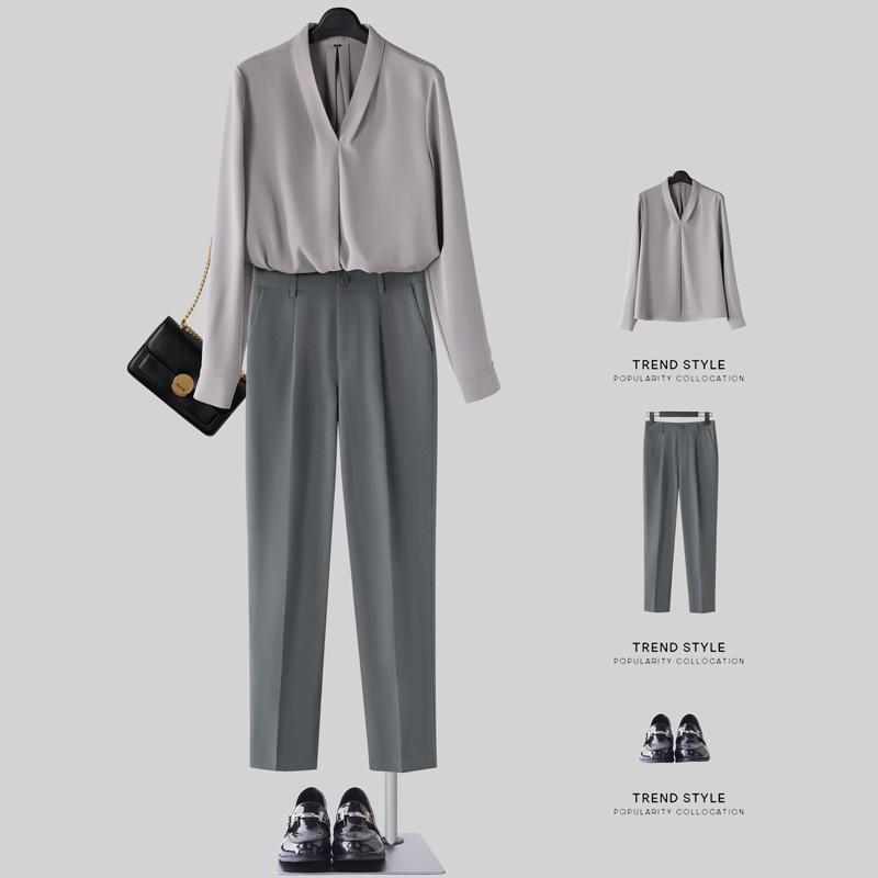 ファッション トップス スーツ セット ブラウス Vネック ズボン パンツ ロング シャツ カットソー 春 レディース 清楚 衣料品 面接 仕事 フォーマル 作業服 婦人服 レディース