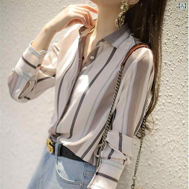 樂天商城 - シャツ ブラウス トップス レディース おしゃれ ファッション シンプル 春秋 ストライプ 韓国 シフォン 長袖 大きめサイズ レディース