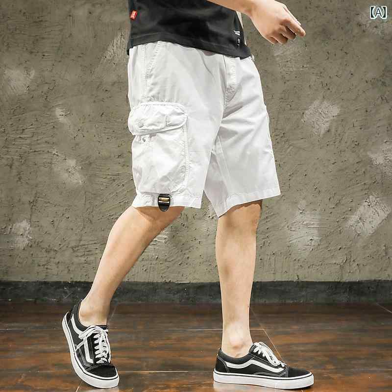 Pants - メンズ ショートパンツ 夏 春夏 白 カジュアル ショート 半ズボン 五分丈 膝上 カジュアル ストリート ワークウェア ミドル マルチポケット 大きめサイズ メンズ ボトムス 黒 白 カーキ アーミーグリーン ややストレッチ性 コットン ノーアイロン