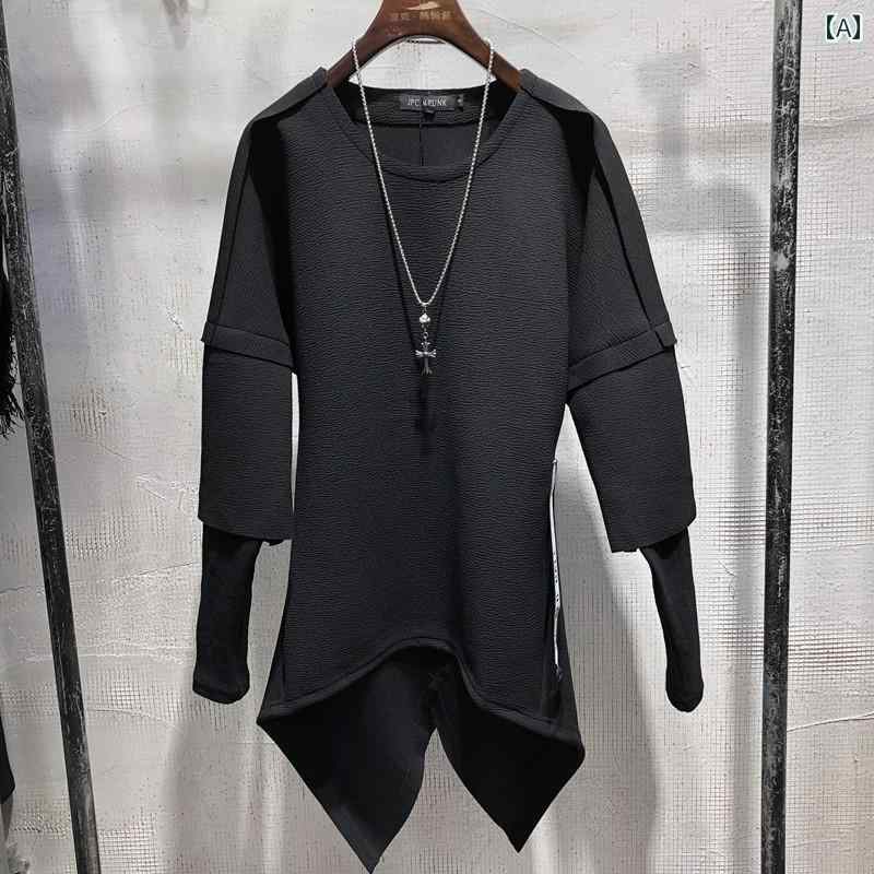 メンズ ファッション 春秋 フェイク セットアップ 個性 不規則 スリム ラウンドネック レイヤリング シャツ メンズ 無地 スウェットシ..