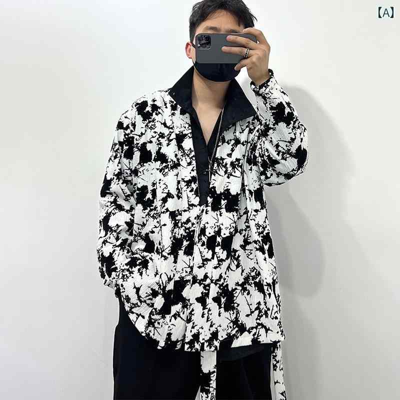 メンズ 紳士服 メンズ シャツ トップス 春 レトロ ユニーク 個性 モード シンプル プリント ガウン 羽織り