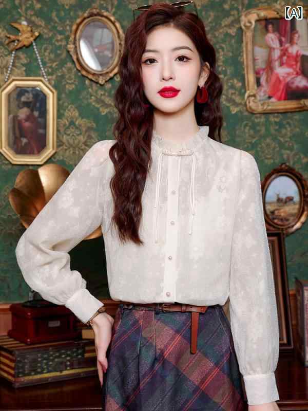 ブラウス 立襟 大人 かわいい レディース チャイナ風 フリルストラップ ジャカード シャツ袖 レディース 春 レトロ 蓮の葉の襟 シャツ カーディガン ファッション ゆったり