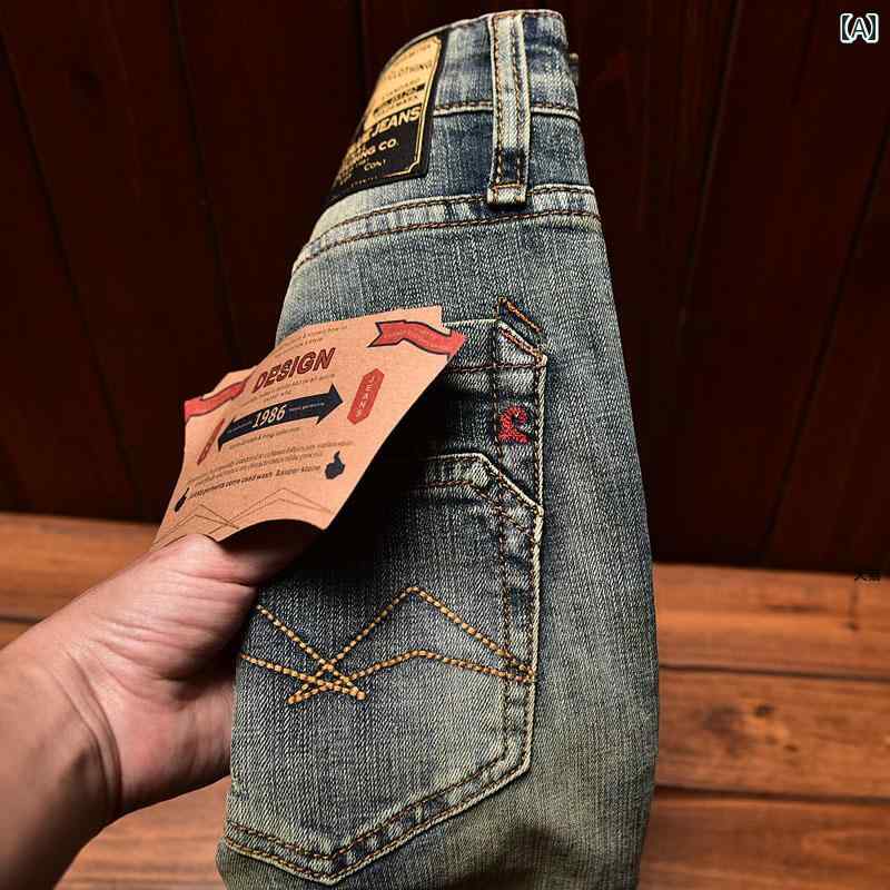 デニムパンツ おしゃれ ジーンズ メンズ 春秋 刺繍 スリム レトロ ストレート 韓国 ロング パンツ ストレッチ デニム ミドルハイウエスト オールシーズン フィット