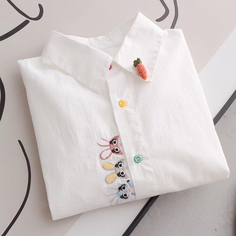 白 シャツ レディース ファッション 春秋 長袖 綿 アニマル 刺繍 人参 トップス カラフル ボタン ゆっ..
