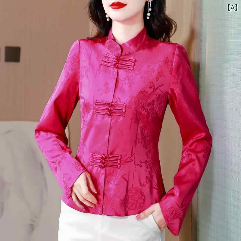 長袖 - レディース トップス シャツ ブラウス レディース チャイナ風 婦人服 レトロ スタンドカラー チャイナ風 プリントボタン チャイナドレス 長袖 レトロ シングルブレスト 春