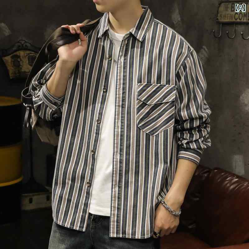 メンズ シャツ 長袖 ストライプ 春秋 カジュアル ジャケット 襟 前開きボタン コットン 綿混紡 胸ポケット メンズ 大きめサイズ アウター ゆったり ノーアイロン トップス スタイリッシュ 羽織 ブルーブラウングリーンホワイトストライプ クール