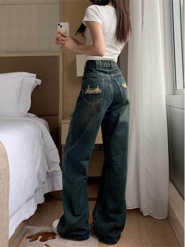 Straight Jeans - ジーンズ デニムパンツ カジュアル レディース アメリカン レトロ ストレート 春秋 ハイウエスト スリミング ワイドレッグパンツ