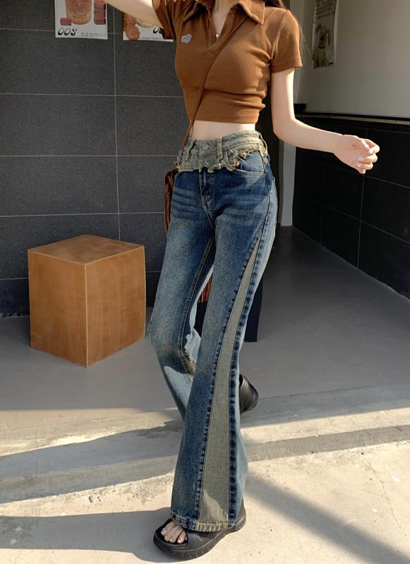 Bell Bottom Jeans - ジーンズ デニムパンツ カジュアル レディース 春 アメリカン レトロ コントラストカラーステッチ マイクロフレア ハイウエスト スリム ベルボトム パンツ