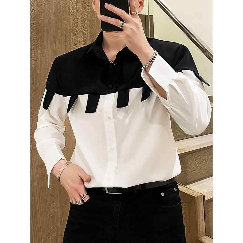 シャツ メンズ カラー シャツ ステッチ コントラストカラー 長袖 シャツ カジュアル 個性 ポインテッド..