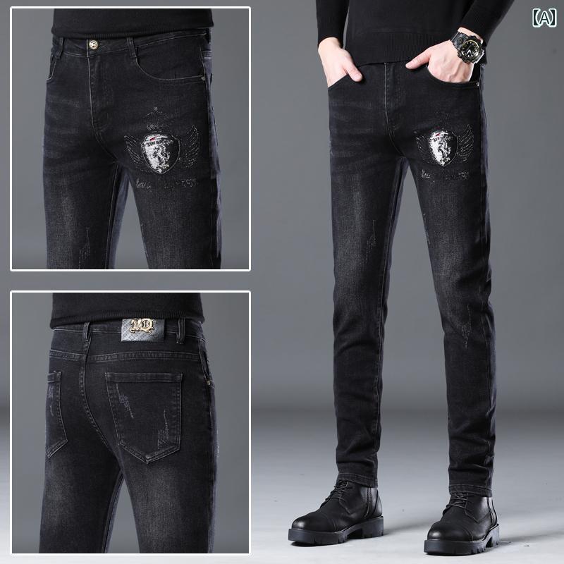 Skinney Pants - デニムパンツ メンズ ジーンズ 春秋冬 スリムフィット ブラック カジュアル 刺繍 ロング パンツ メンズ デニム オールシーズン通