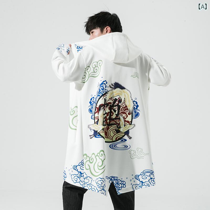 チャイニーズ 春 丈 ウインドブレーカー メンズ チャイナ風 鶴 プリント ゆったり 大きめサイズ アンティーク ジャケット