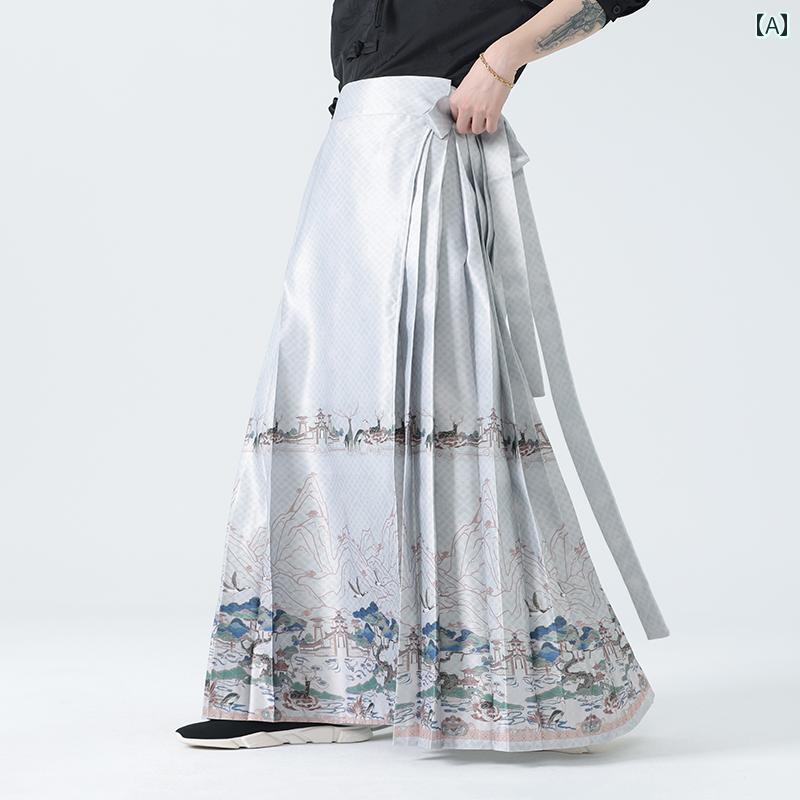 メンズ ファッション スカート キュロット ロング レトロ チャイナ風 唐装 メンズ プリーツ カジュアル 漢服 春 メンズ レディース兼 ユニセックス