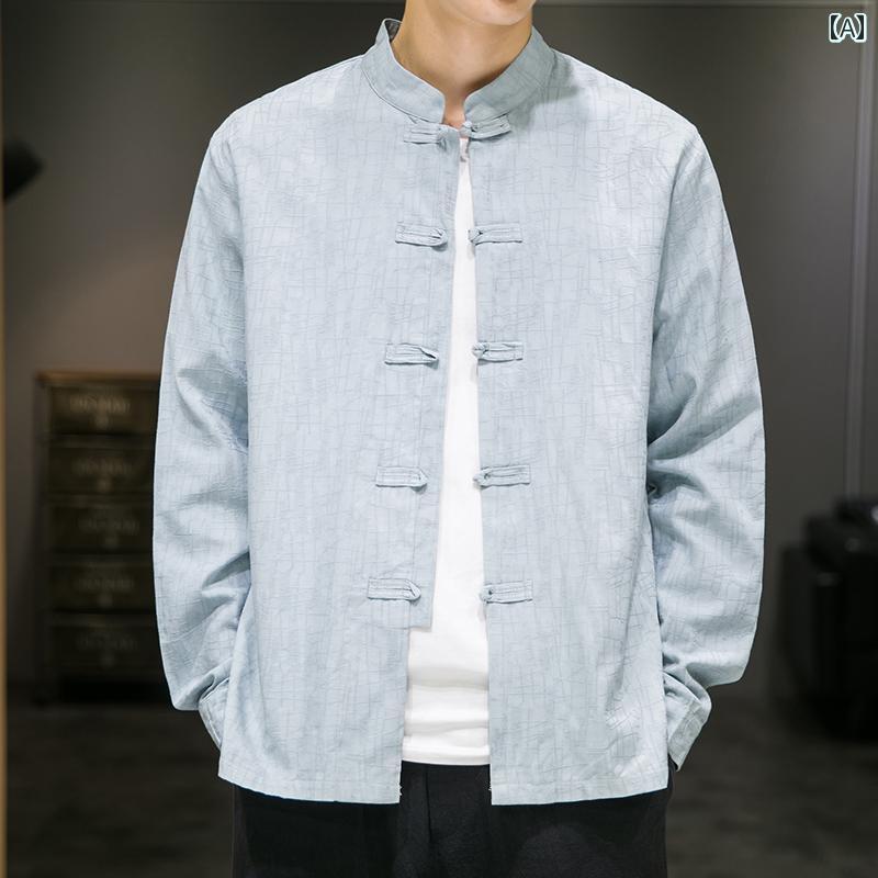 メンズ チャイナ風 ジャカード スタンドカラー ジャカード 春 唐装 長袖 チュニック トップス ゆったり 中国風 服 ファッション おしゃれ