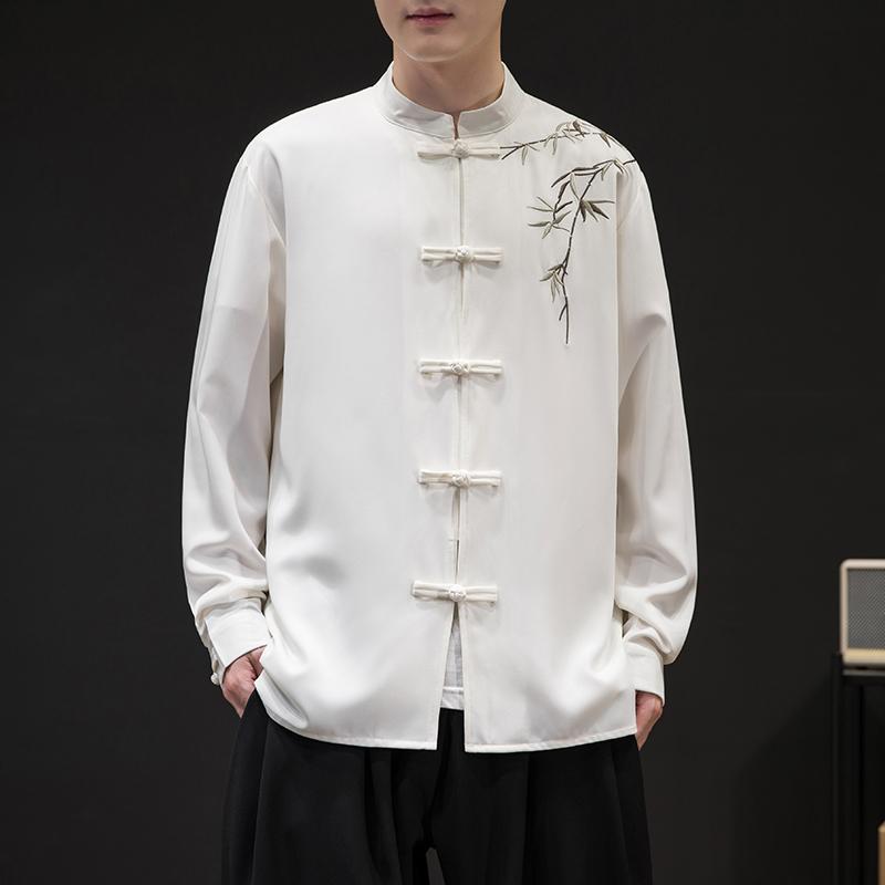 メンズ ファッション トップス ゆったり シャツ レトロ チャイナ風 唐装 メンズ 漢服 カジュアル 長袖 刺繍 春夏