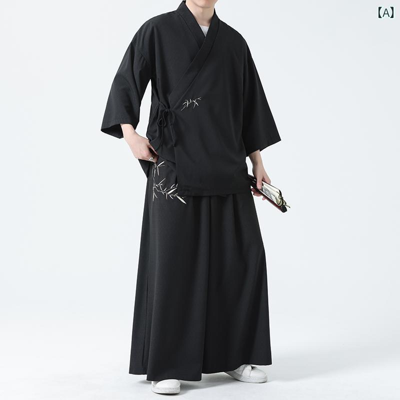 メンズ ファッション トップス スーツ セット ロング パンツ ズボン レトロ チャイナ風 唐装 メンズ 漢服 カジュアル 春秋