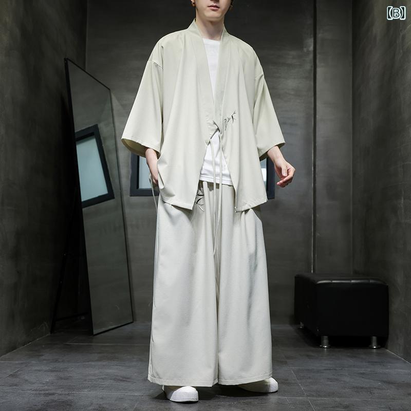 メンズ ファッション トップス スーツ セット ロング パンツ ズボン レトロ チャイナ風 唐装 メンズ 漢服 カジュアル 春秋