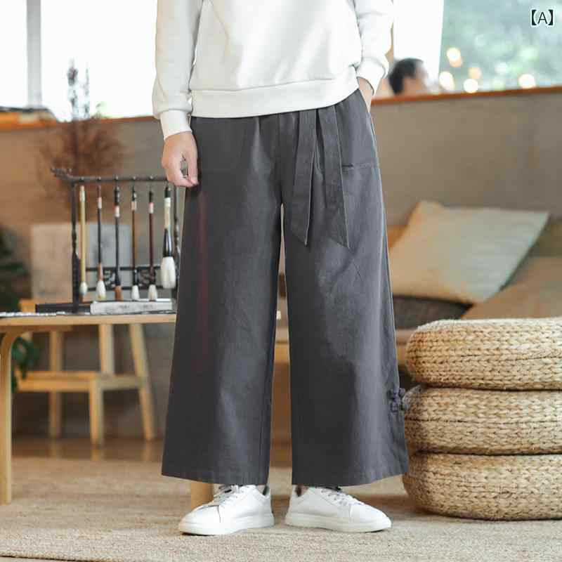 ゆったり パンツ ズボン チャイナ風 メンズ リネン パンツ 春秋 大きめサイズ ストレート コットン ズボン アンティーク カジュアル ワイドレッグ