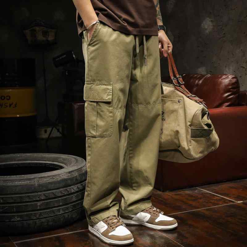 メンズ カーキ ストレート オーバー オール 春秋 ゆったり 大きめサイズ アメリカ マルチ ポケット ワイド パンツ メンズ ストレッチ性 ロング ファッション かっこいい カジュアル
