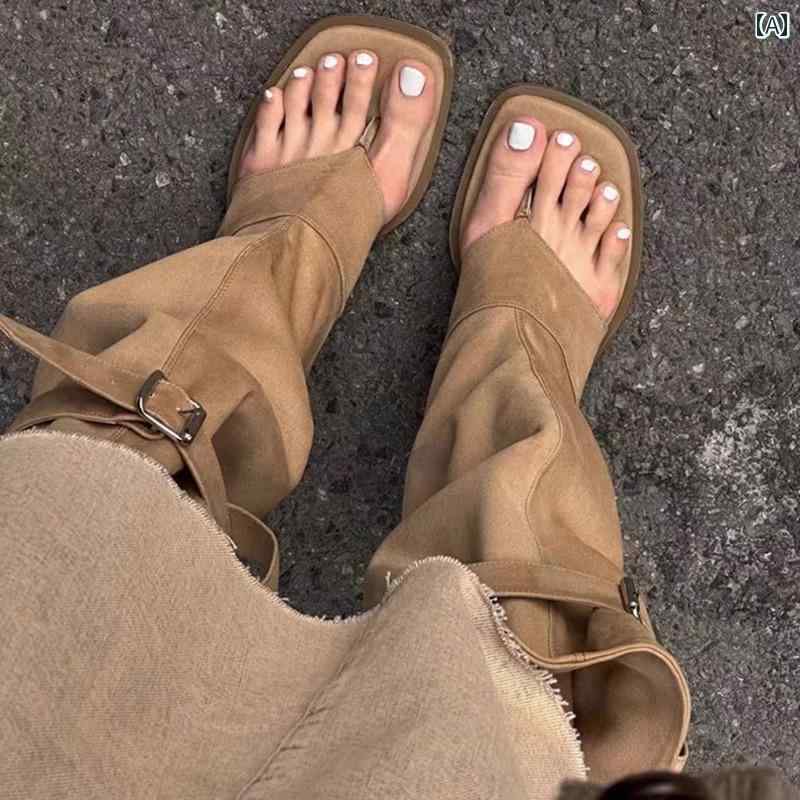 ロング ブーツ レディース レディース ファッション 靴 春夏 アメリカ ワンキック サンダル ローヒール..