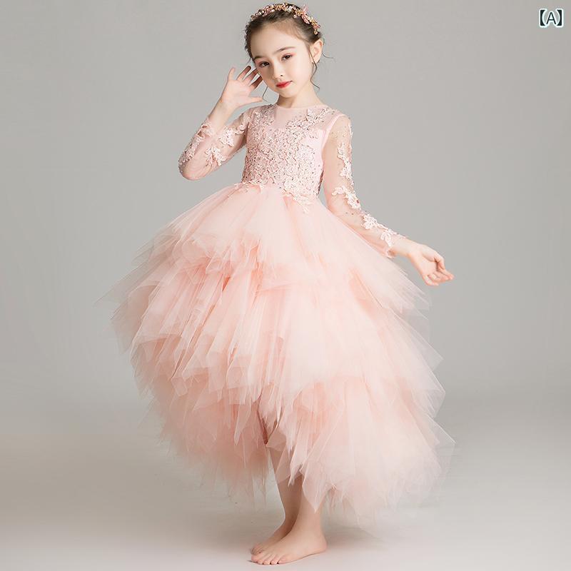 女の子 キッズ プリンセス お姫様 誕生日 ウェディングドレス ふわふわ ステージ ピアノ パフォーマンス 春夏 秋 前短く後ろロングドレス バースデー ドレス