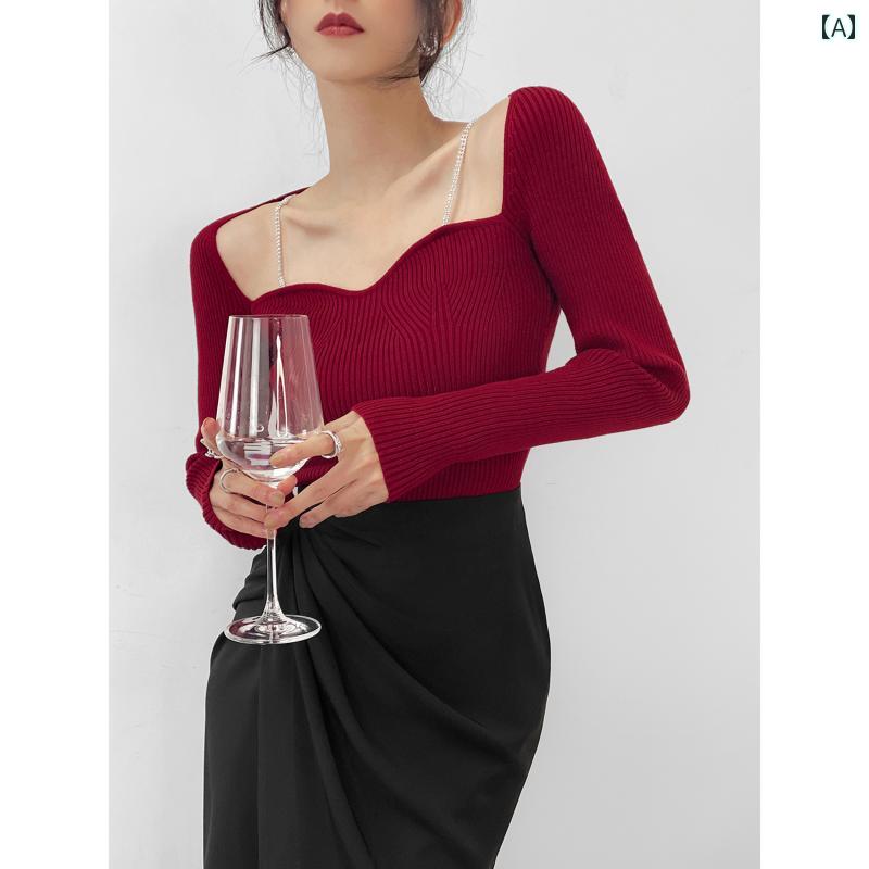 セーター リブ ニット トップス アップ レディース 春秋冬服 ラインストーン チェーン ストラップ 赤 ボルドー 魅惑 露出 鎖骨 開き 個性派 気 大人