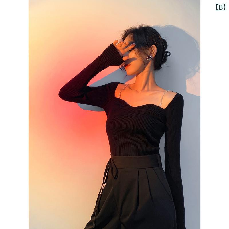 セーター リブ ニット トップス アップ レディース 春秋冬服 ラインストーン チェーン ストラップ 赤 ボルドー 魅惑 露出 鎖骨 開き 個性派 気 大人