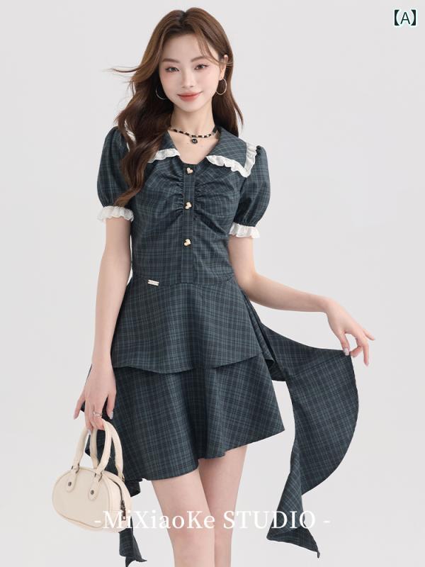 ワンピース レトロ ドレス レディース 夏 ユニーク スカート アシンメトリー フリル Vネック フェミニン カジュアル デート チェック シック 襟