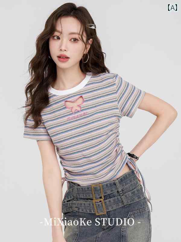 ストライプ 半袖 Tシャツ カジュアル レディース リボン セクシー 夏 スリムフィット 韓国 ファッション ショート トップス シック デニム スカート ミニスカ