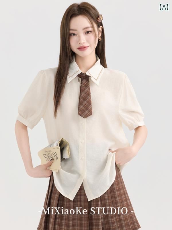 レディース アメリカン レトロ カレッジ スーツ 半袖 シャツ 夏 トップス チェック スカート 2点 セット 夏 学生風 カジュアル