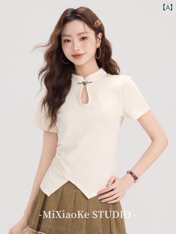 チャイナ風 スタンドカラー 半袖 Tシャツ シック レディース 夏 スリムフィット 独自性 トップス エレガント ショートトップス