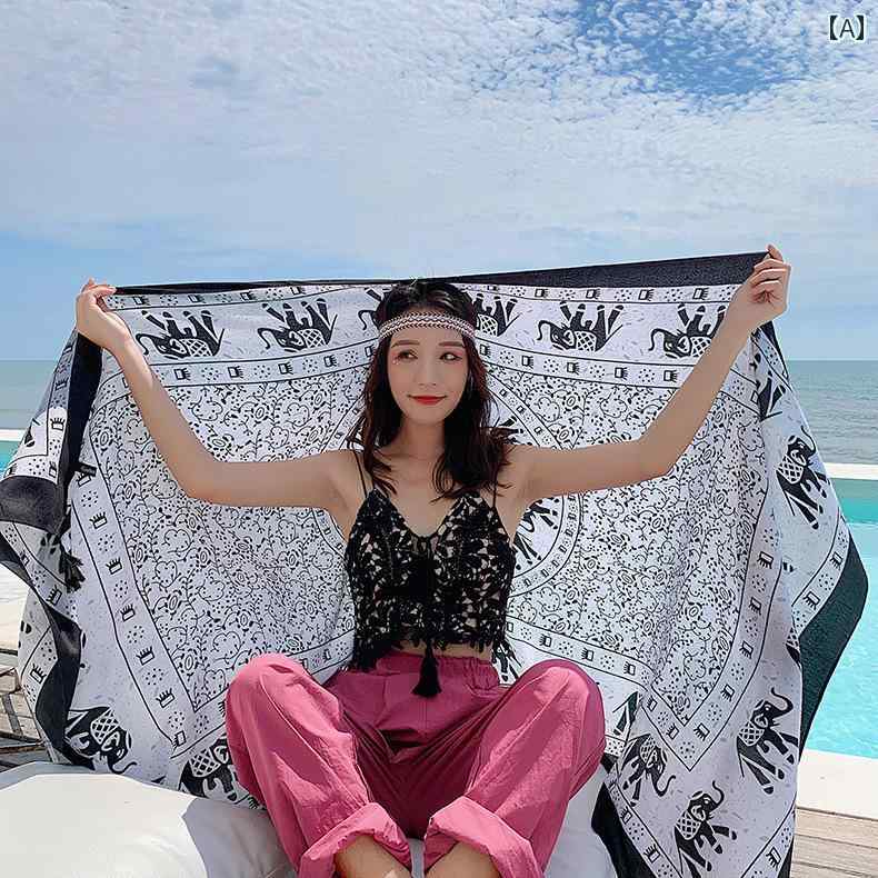 レディース ショール 薄手 大判スカーフ ストール オールシーズン 白黒 インド調 ボヘミアン 象小さめ..