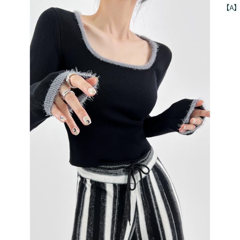 レディース ファッション バイカラー タイト トップス セーター 秋冬 ファー ニット スクエアネック シ..