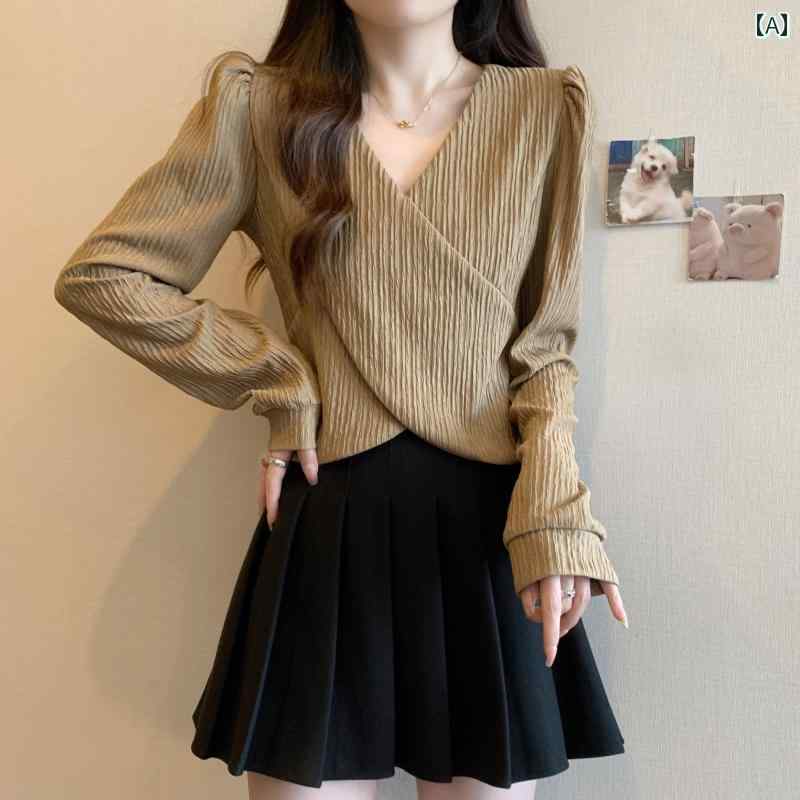 长袖 - レディース ファッション トップス シンプル 無地 大きいサイズ Vネック 長袖 Tシャツ 春秋 スリム インナー 重ね着 シャツ トップ