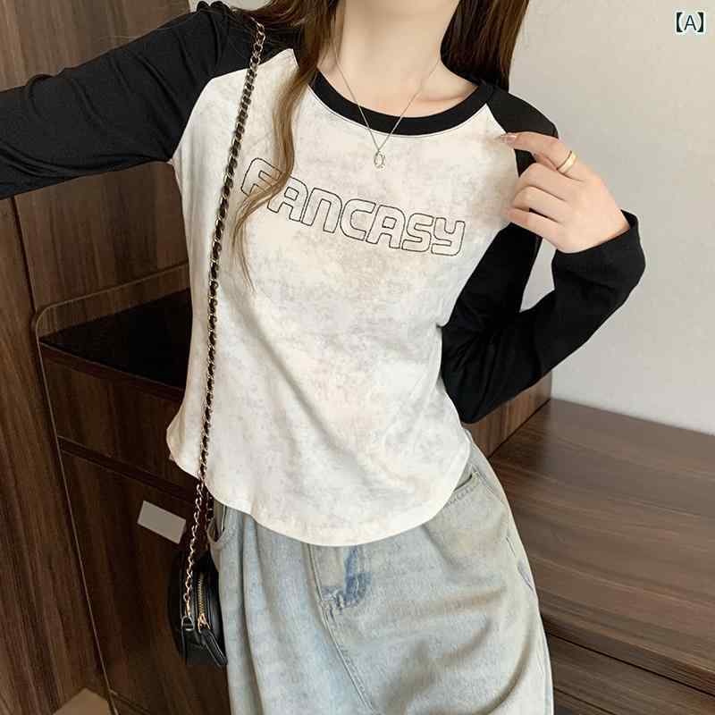 レディース ファッション トップス インナー 大きめサイズ フレンチ レトロ プリント レター ラグラン 長袖 Tシャツ レディース スリム レイヤリング シャツ