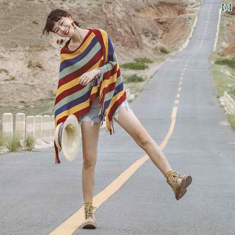 ショール ストール 旅行 プルオーバー セーター 暖かい ポンチョ 虹柄 写真 エスニック マント レディ..