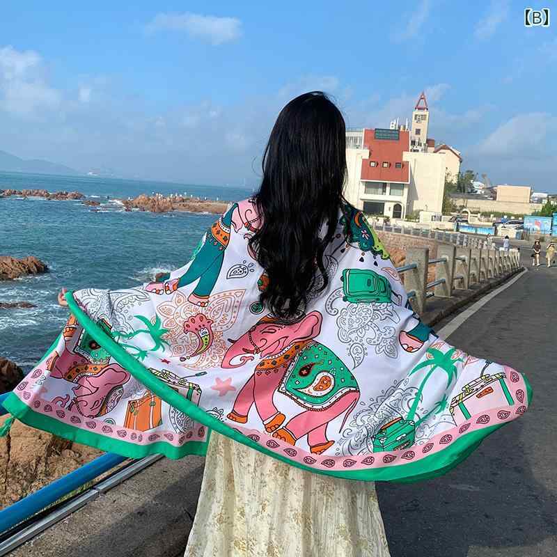 レディース ショール 薄手 大判スカーフ ストール 春夏秋 風 エスニック インド象の絵プリント カラフル 日焼け防止 リゾート 180*90cm 旅行アイテム 涼感 軽量 ポリエステル繊維