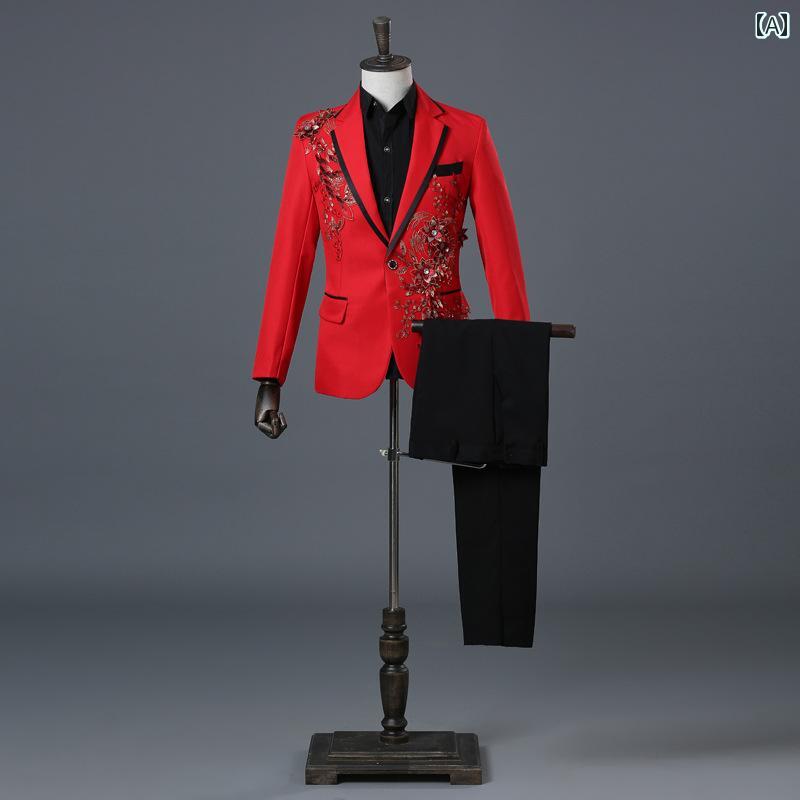 メンズ スーツ 上下セット チャイナ風 中国 中華 大胆 立体 フラワー 飾り 黒 白 刺繍 パフォーマンス 衣装 クール ドレス ホスト バー ナイト クラブ DJ お目立ち