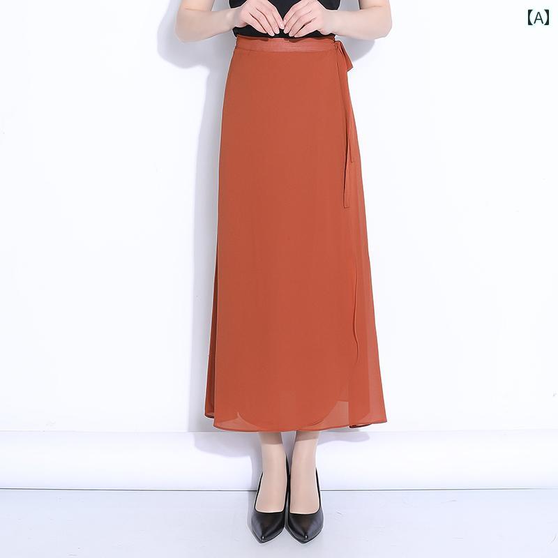 スカート レディース 大人 ミモレ ワンピース ストラップ シフォン 夏 ハイウエスト ドレープ Aライン 丈 ラップ ロング