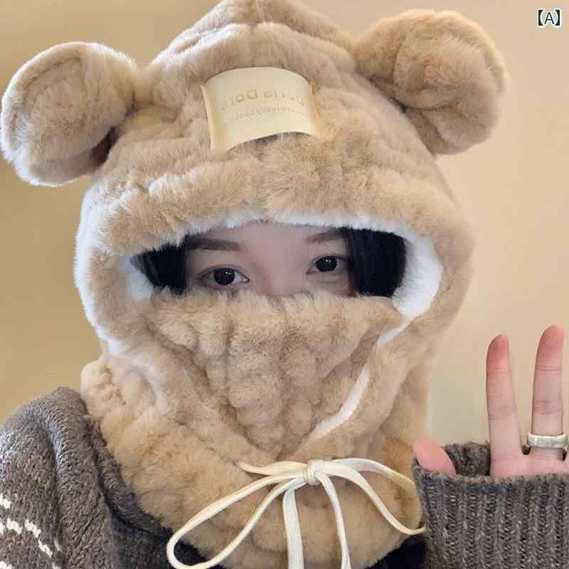 Knit Hat - かわいい クマ 耳保護 ぬいぐるみ 帽子 レディース 秋冬 厚手 暖かい マスク スカーフ サイクリング オールインワン ティーンエイジャー フリーサイズ フリーサイズ カジュアル
