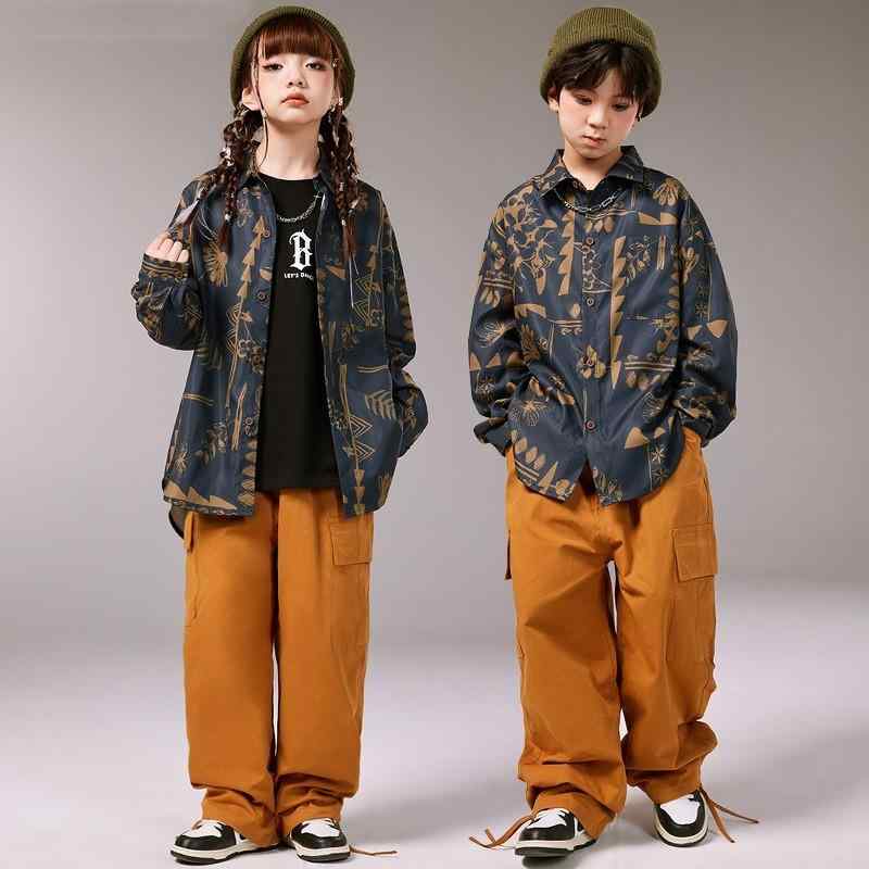 Top & Bottom Sets - ダンス衣装 セットアップ 襟シャツ 上下セット 茶 ヒップホップ ジャズダンス ワイドフィット 秋冬 キッズ 女の子 ボーイズ ストリート 練習着