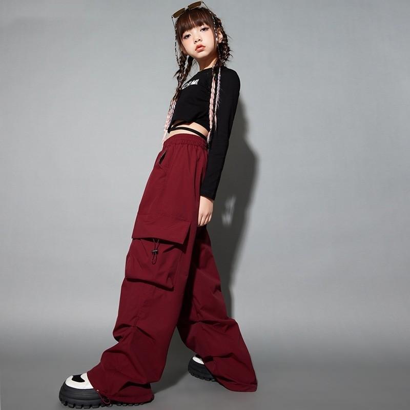 ダンス衣装 セットアップ へそ出し 黒シャツ 赤黒 ヒップホップ ジャズダンス ワイドフィット 秋 キッズ 女の子 女の子 ストリート 練習着 モダン