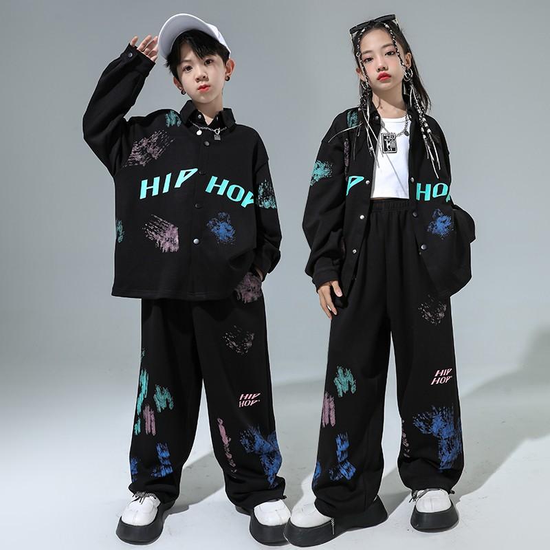 ダンス衣装 セットアップ ワイドシャツ カラフル ヒップホップ ジャズダンス ワイドフィット 秋 キッズ 女の子 ボーイズ ストリート 練習着 スポーティー